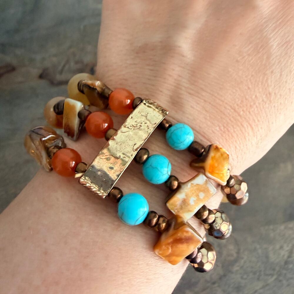 Multicolor turquoise and brown beaded multistrand boho stretch bracelet